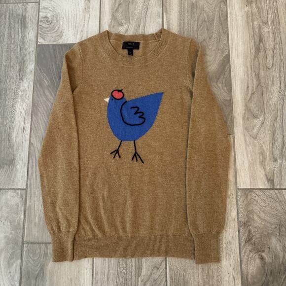 J Crew French Hen Bird Sweater Cashmere Wool Blend Brown Soft Knit Women Sz S - Picture 1 of 9